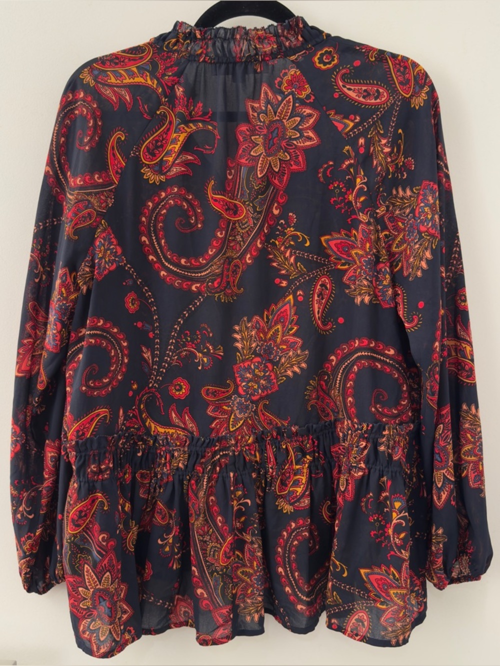 Ann Taylor Loft Floral Paisley Shirt Blouse Top Blue Red Size Medium M Tie Neck - Picture 5 of 5